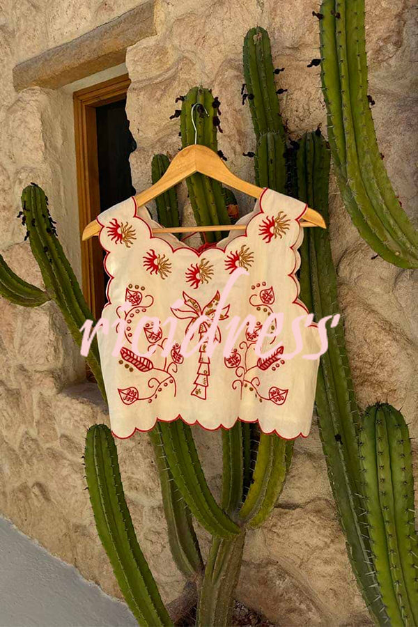 Sunny Day Linen Blend Contrast Embroidered Print Scallop Trim Lace-up Top