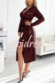 Coralia Sequin V-neck Long Sleeve Twist Waist Front Slit Midi Dress