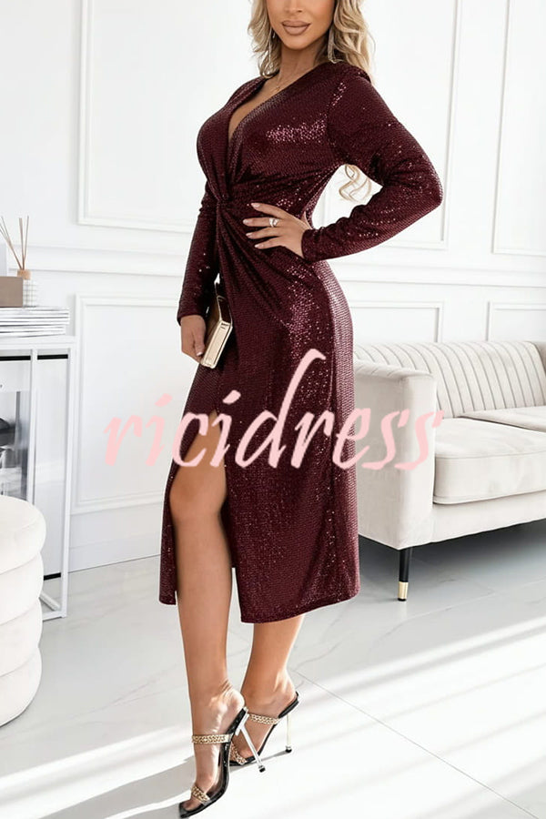 Coralia Sequin V-neck Long Sleeve Twist Waist Front Slit Midi Dress