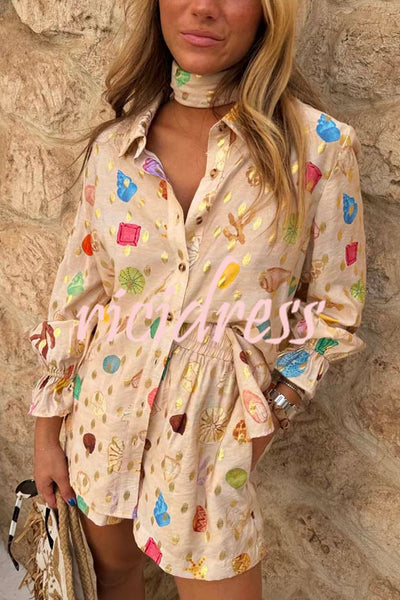 Fashionable Gold Stamping Unique Printing Lapel Long Sleeve Shirt and Elastic Waist Casual Pocket Shorts Set