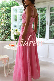 Solid Color V-neck Waist Hollow Slim Maxi Dress