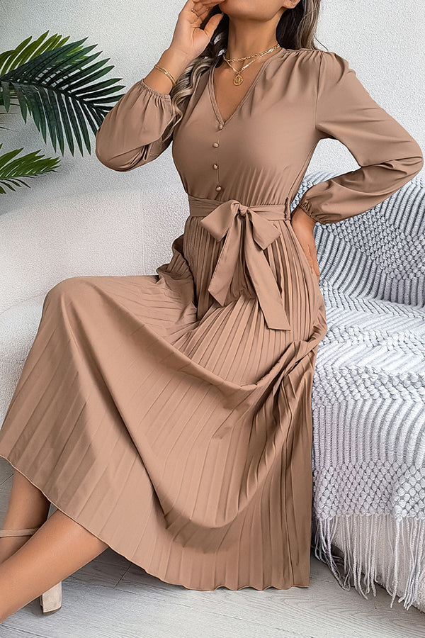 Solid Color Elegant V-neck Buttoned Lace-up Pleated Maxi Dress