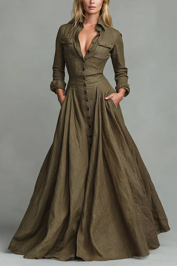 Linen Blend Lapel Pocket Single-breasted Shirt-style Casual Maxi Dress