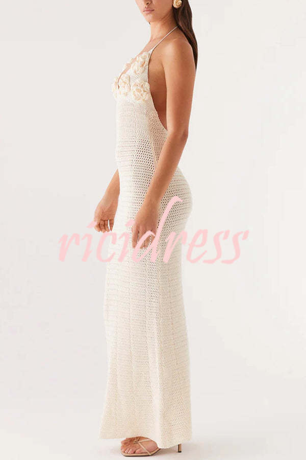 Olivia Crochet Knit Rose Texture Backless Stretch Maxi Dress