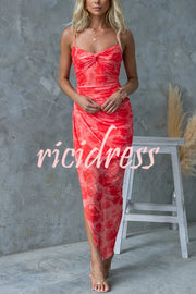 Saloni Mesh Floral Print Twist Ruched Detail Irregular Hem Stretch Maxi Dress