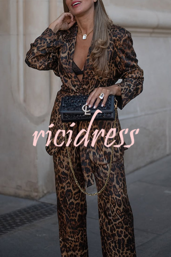 Chic View Leopard Print Tie-up Waist Lapel Blazer and Elastic Waist Loose Pants Set