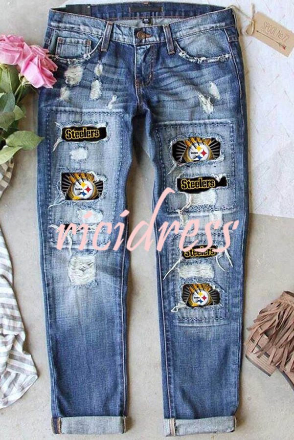 Distressed Printed Street Contrast Hip Hop Style Jeans