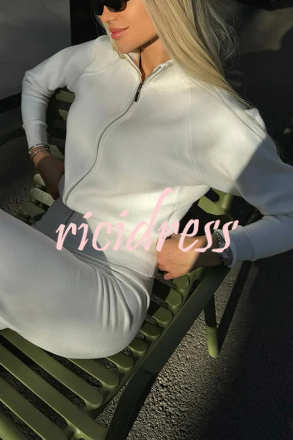 Cozycore Knit Zipper Long Sleeve Cardigan and Stretch Wide Leg Pants Set
