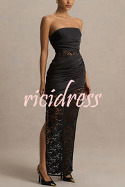 Dulcie Lace and Satin Patchwork Asymmetrical Pleats Bandeau Maxi Dress