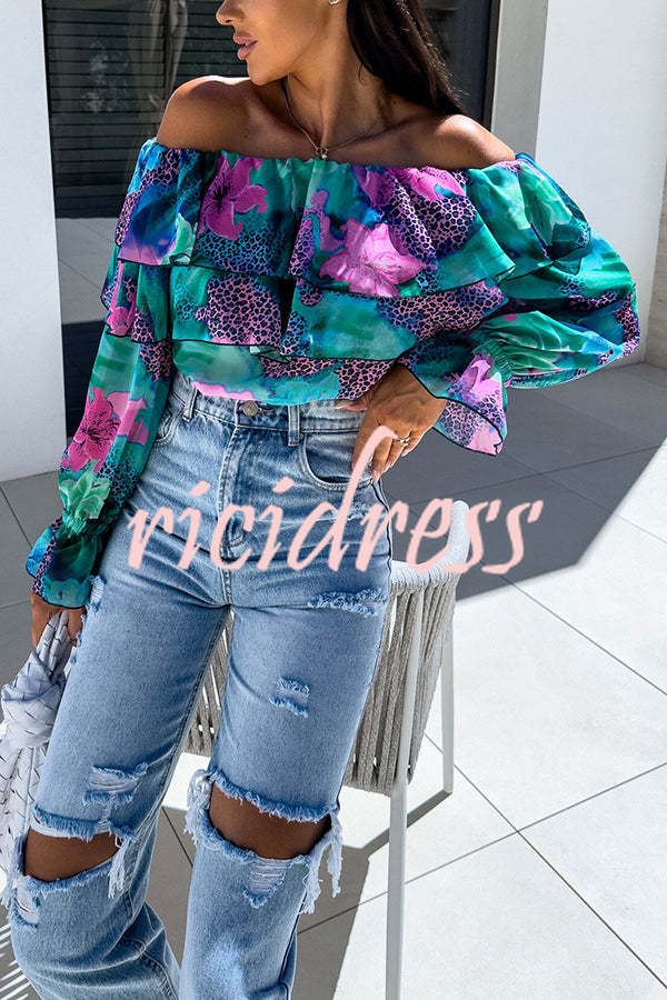 Colorful Botanical Print Sexy Off-shoulder Ruffle Top