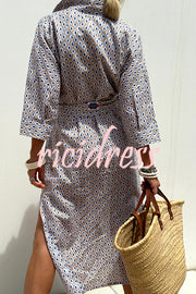 Summer Splendor Printed Button Half Sleeve Belt Loose Shirt Midi Dress