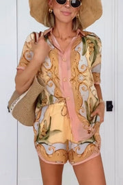 Royalty Unique Print Button Up Short Sleeve Shirt and Elastic Waist Pocketed Loose Shorts Set