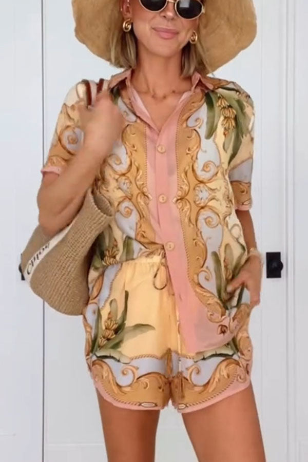 Royalty Unique Print Button Up Short Sleeve Shirt and Elastic Waist Pocketed Loose Shorts Set