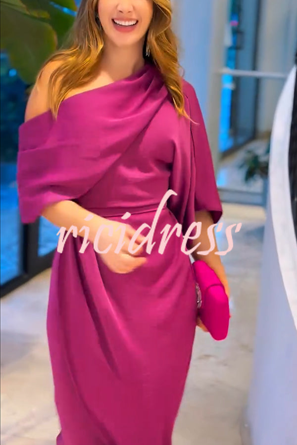 Whispered Yes Satin Irregular Lapel Neckline Design Ruched Maxi Dress
