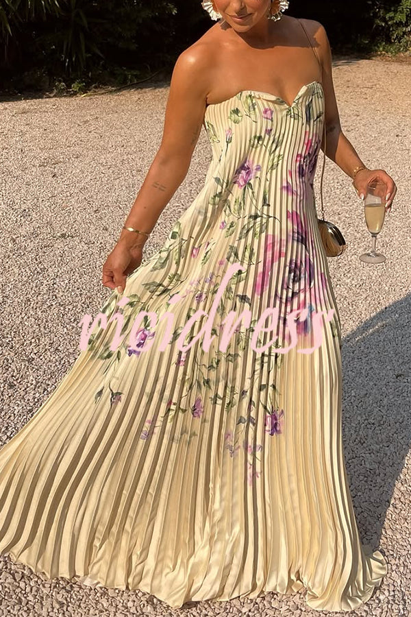 For Every Occasion Satin Pleated Floral Print V-wire Bandeau Neck Maxi Dress