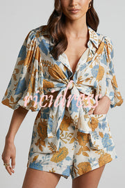 Hawaii Beach Floral Oversized Blouse with Cami Bra and Pocketed Short Set
