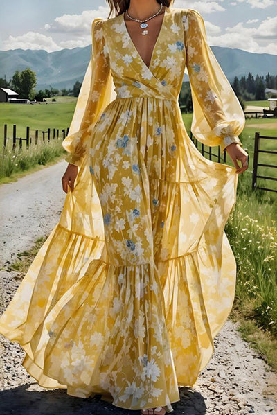 Floral Print V-Neck Long Sleeve Full Hem Holiday Maxi Dress