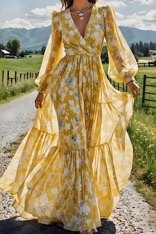 Floral Print V-Neck Long Sleeve Full Hem Holiday Maxi Dress