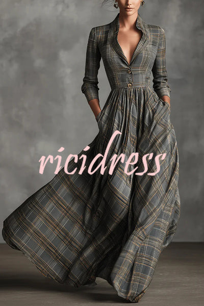 Plaid Print Long Sleeve Slim Fit Casual Pocket Maxi Dress