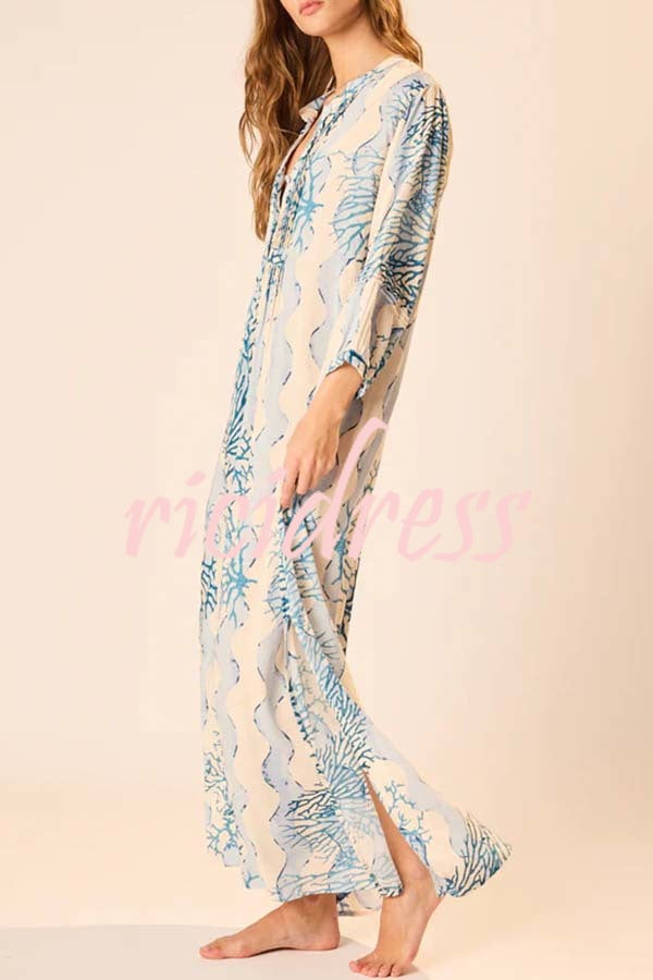 Quiet Sea Unique Print Pleated Neck Long Sleeve Slit Kaftan Maxi Dress