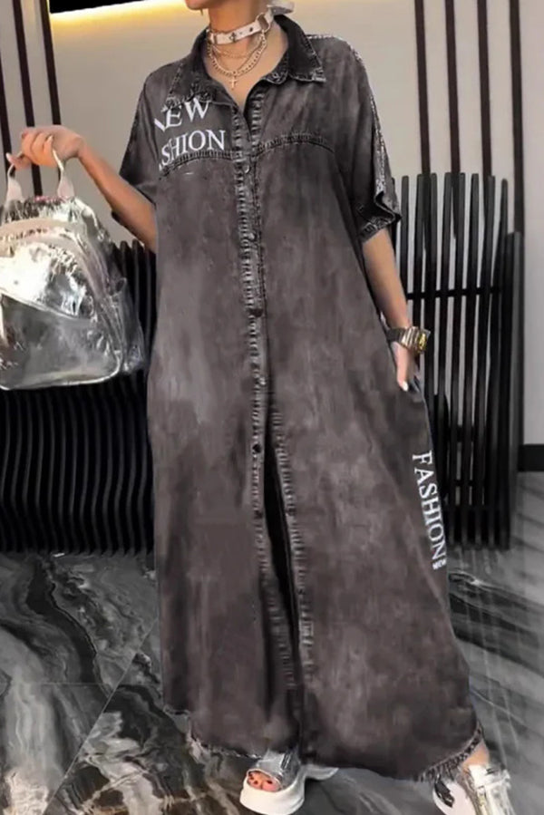 Fashion Letter Print Lapel Cardigan Loose Maxi Dress