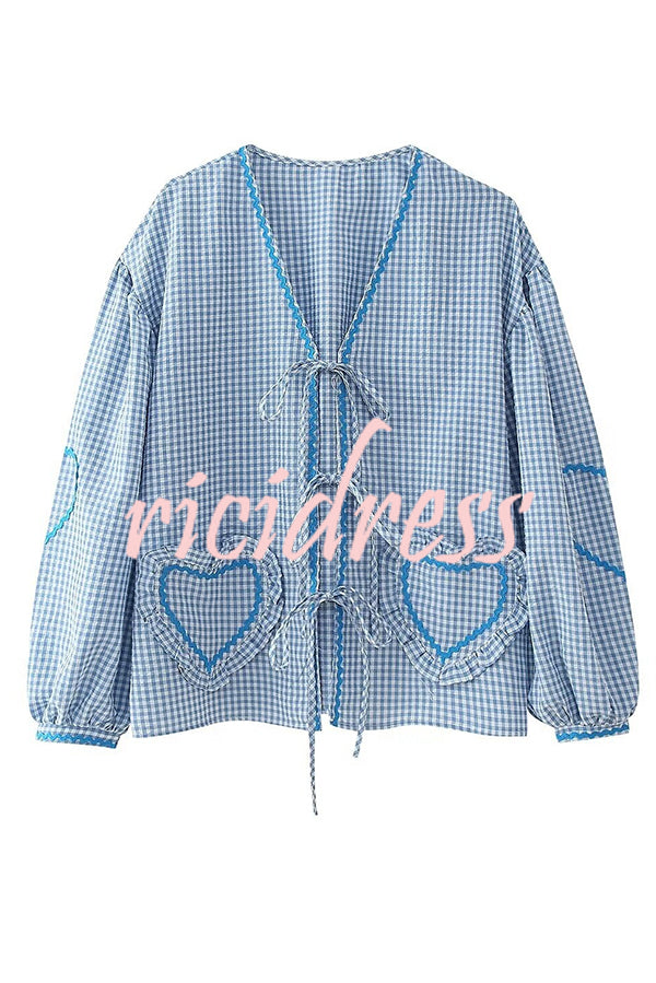 Lovely Plaid Heart Pattern Casual Lace-up Pocket Loose Shirt