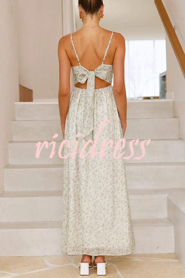 Floral Print V-Neck Sleeveless Back Tie Pocket Maxi Dress