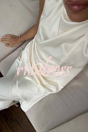 Simply Luxe Satin High Neck Irregular Hem Top and Elastic Waist Flare Loose Pants Set