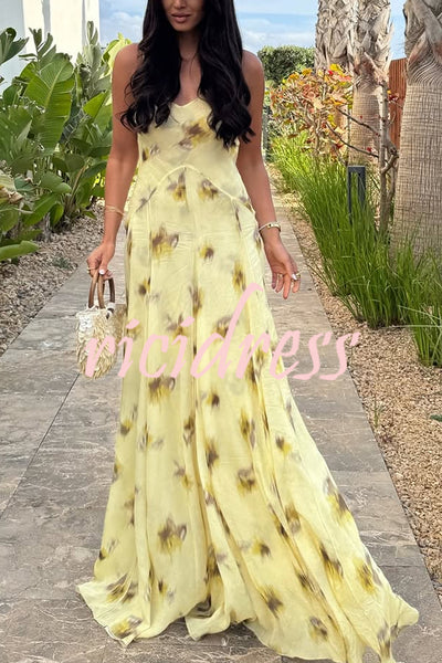 Sunset Glow Floral Print V-neck Thin Straps Flare Hem Maxi Dress