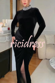 Love Lost Velvet Embellished High Neck Long Sleeve Twist Slit Maxi Dress