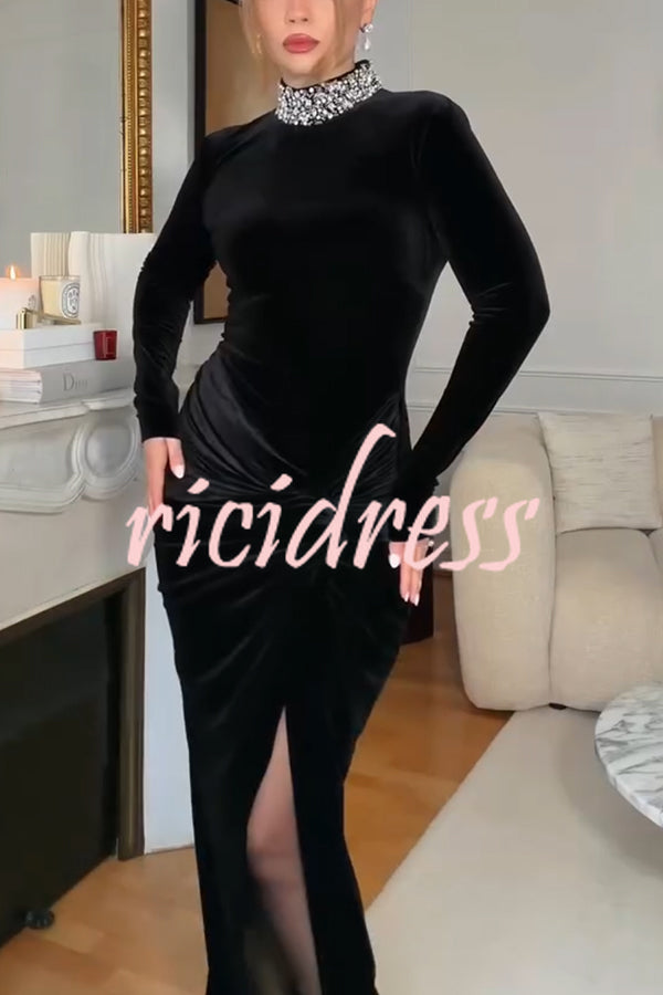 Love Lost Velvet Embellished High Neck Long Sleeve Twist Slit Maxi Dress