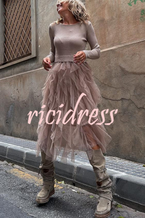 Jansen Ribbed Knit Patchwork Layered Tulle Ruffles Long Sleeve Midi Dress