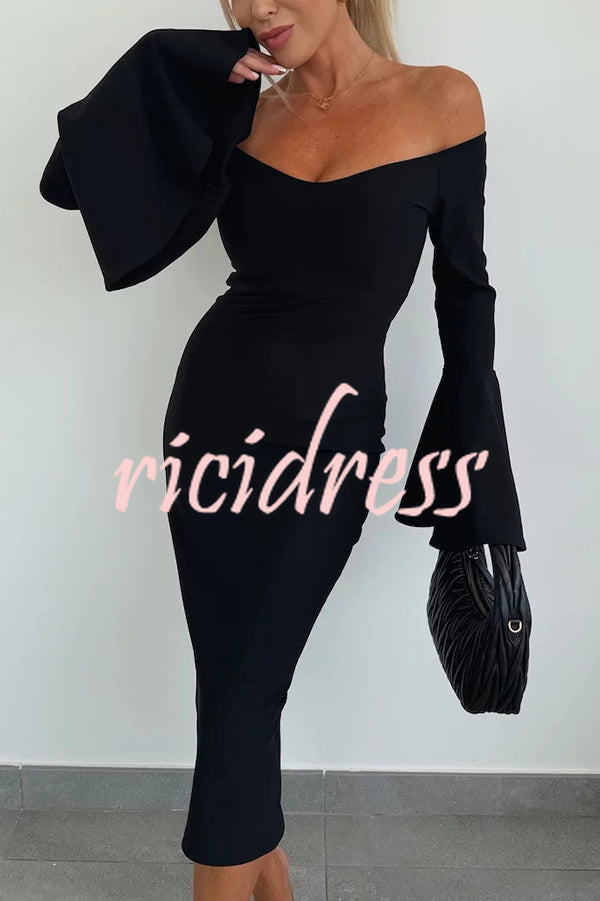 Solid Color Sexy Off-shoulder Trumpet Sleeve Slim Midi Dress