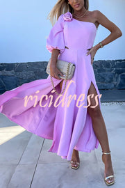 Full of Charm Rose Embellished One Shoulder Cutout Slit Midi Dress