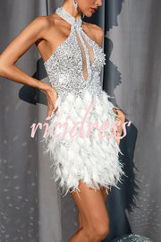 Stylish Sequined Sleeveless Feather-embellished Slim-fit Mini Dress