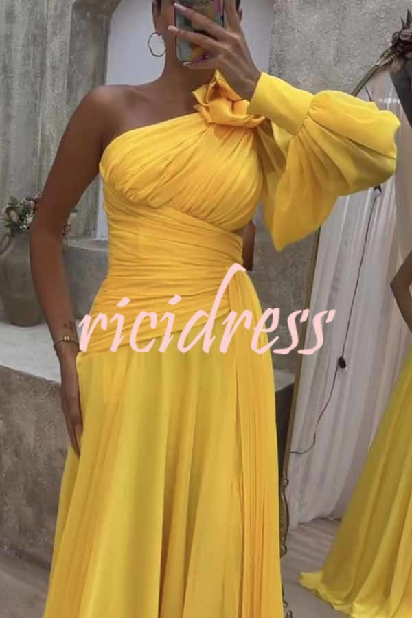 Pretty First Solid Color Floral Pleated One Shoulder Sleeve Slit Maxi Dress