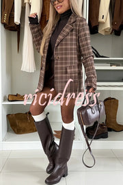 Classic Modern Plaid One Button Long Sleeve Flap Pocket Lapel Blazer