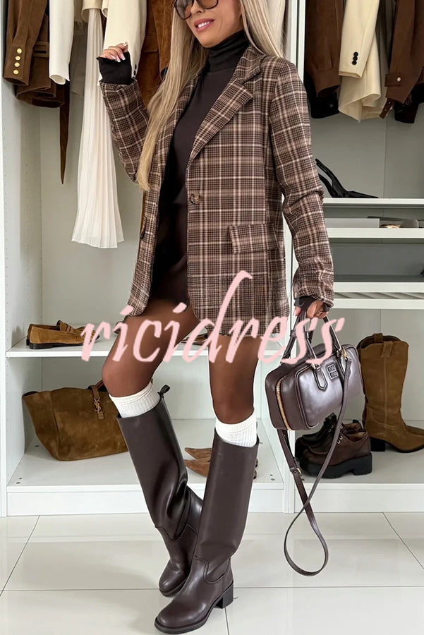 Classic Modern Plaid One Button Long Sleeve Flap Pocket Lapel Blazer