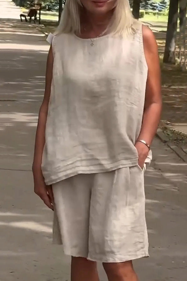 Linen Blend Solid Sleeveless Crewneck Top and Loose Pocket Shorts Set