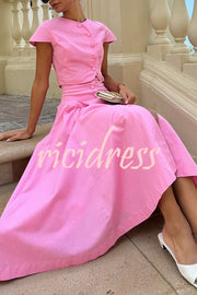 Solid Color Round Neck Button Crop Top and Elegant High Waist Slit Maxi Skirt Set