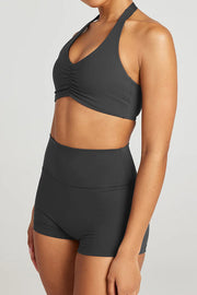 Fashionable Sports Yoga Style Halterneck Top and Stretch Slim Shorts Set
