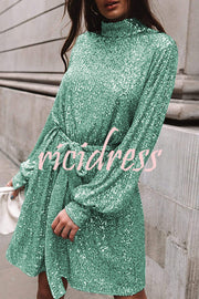 Fashionable Sequined Long-sleeved Belted Casual Mini Dress