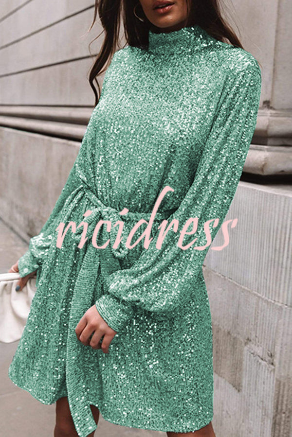 Fashionable Sequined Long-sleeved Belted Casual Mini Dress