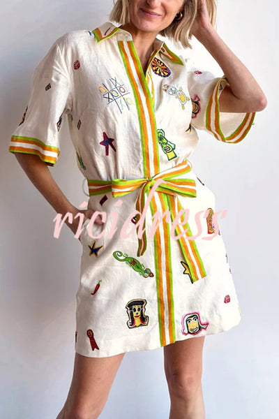 Britt Linen Blend Unique Printed Short Sleeved Pocket Tie Waist Mini Dress