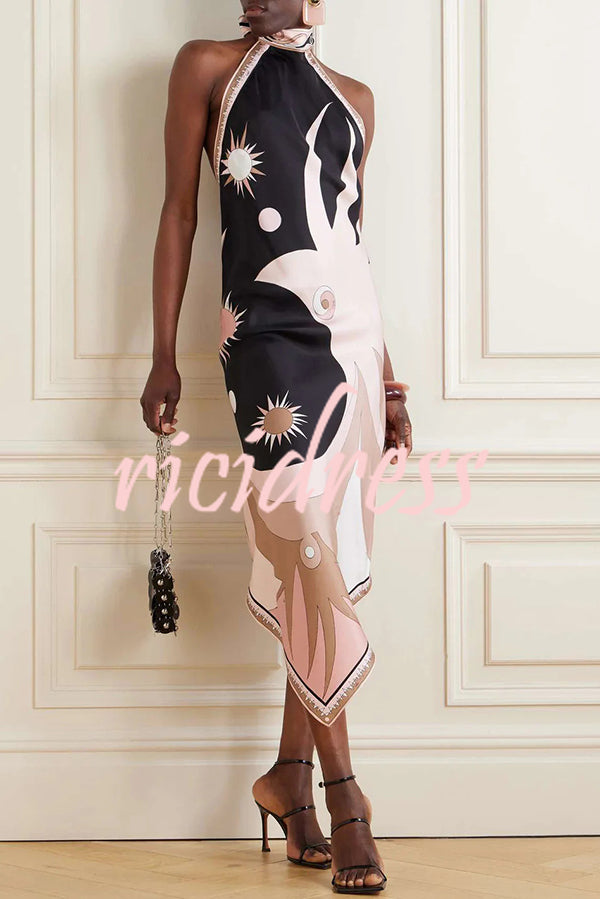 Satin Unique Print Halter Neck Backless Irregular Vacation Midi Dress