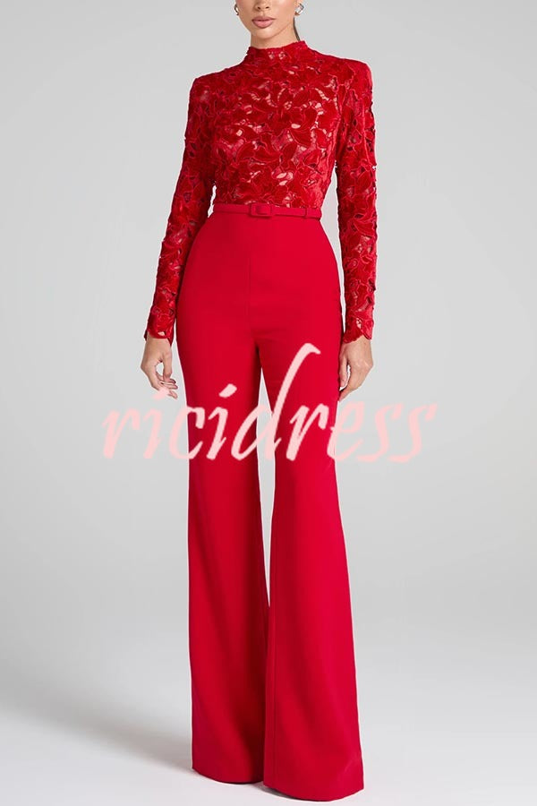 Eleanor Embroidered Floral Lace Long Sleeve Patchwork Belt Flare Jumpsuit