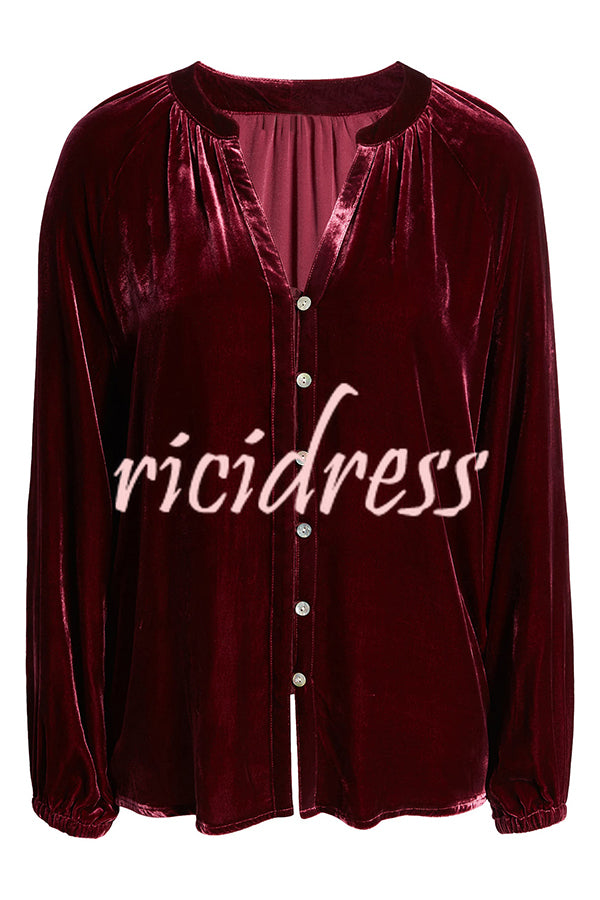 Solid Color Velvet V-neck Long-sleeved Shirt