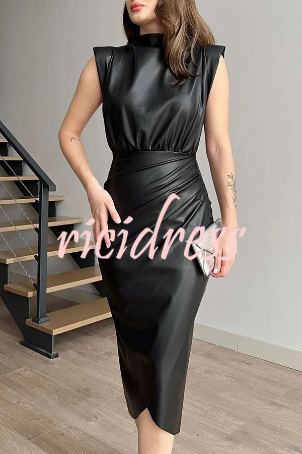 Elouise Faux Leather Turtleneck Shoulder Pads Ruched Slit Midi Dress