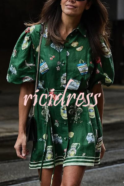 Linen Blend Unique Print Puff Sleeve Casual Mini Dress