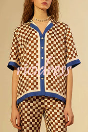 Olivia Satin Checkerboard Colorblock Print Shirt and Elastic Waist Pocketed Loose Pants Set